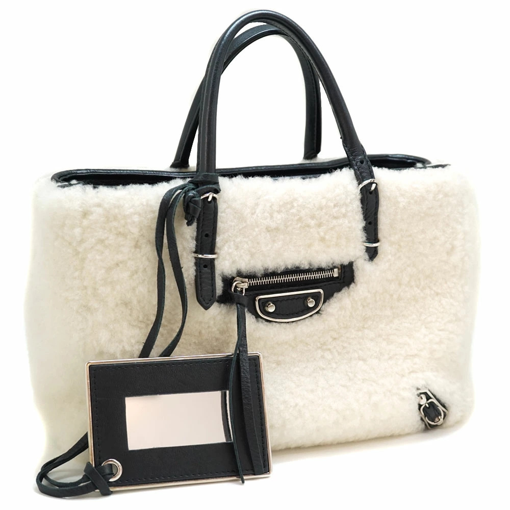 BALENCIAGA Paper Bag Handbag Shoulder Tote Black Off White Sheepskin